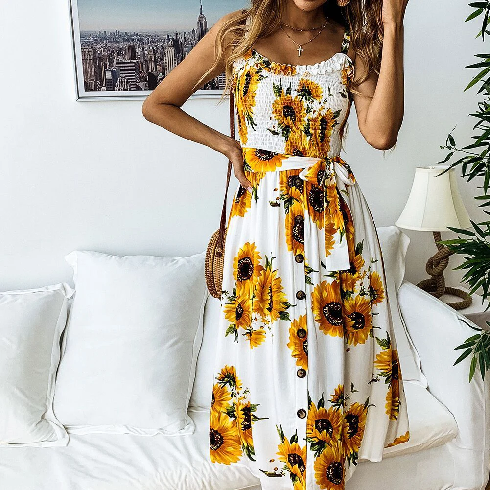 Богемное модное женское летнее платье с цветочным принтом подсолнуха
