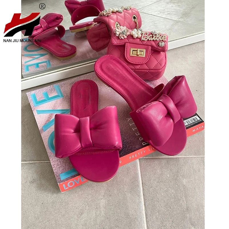 

NAN JIU MOUNTAIN/2021 Летняя женская обувь на плоской подошве; Одноцветная Цвет бантом сандалии с плоской подошвой, уличные пляжные размера плюс 42