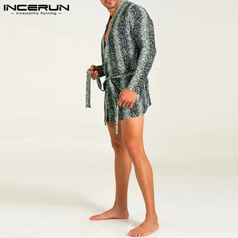 INCERUN Tops 2023 Comfortable Homewear Men's Robes Loose Comfortable Leopard Printing All-match Long Sleeve Cardigan Robes S-5XL