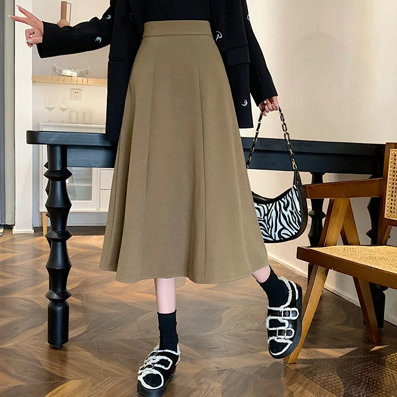 

Women's Autumn Casual A-Line Midi Woolen Skirt High Waist Elegant Swing Solid Outerwear Loose Falda Black