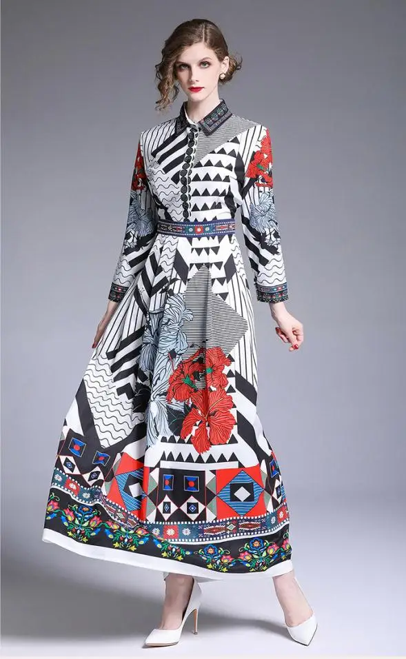 maxi black white Женское платье макси с цветочным принтом для подиума, рубашка с длинным рукавом, платье с принтом ангелов лошадей, Полосатое Плиссированное праздничное повседневное осеннее платье - Цвет: maxi black white