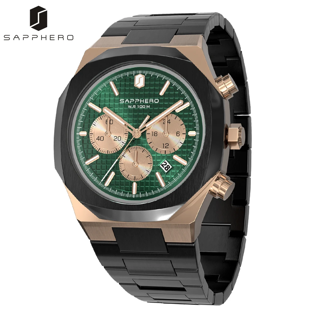 SAPPHERO Watch for Mens Quartz Movement 100M Waterproof Stainless Steel Case Multifunction Chronograph Premium Luxury Male Clock