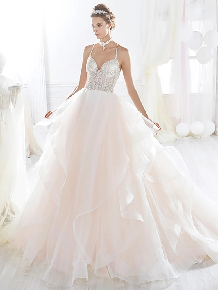 

Luxury A-line Wedding Dresses Spaghetti Straps V-neck Backless Glamorous Gowns Diamond Delicate Layered Tulle Ruffle