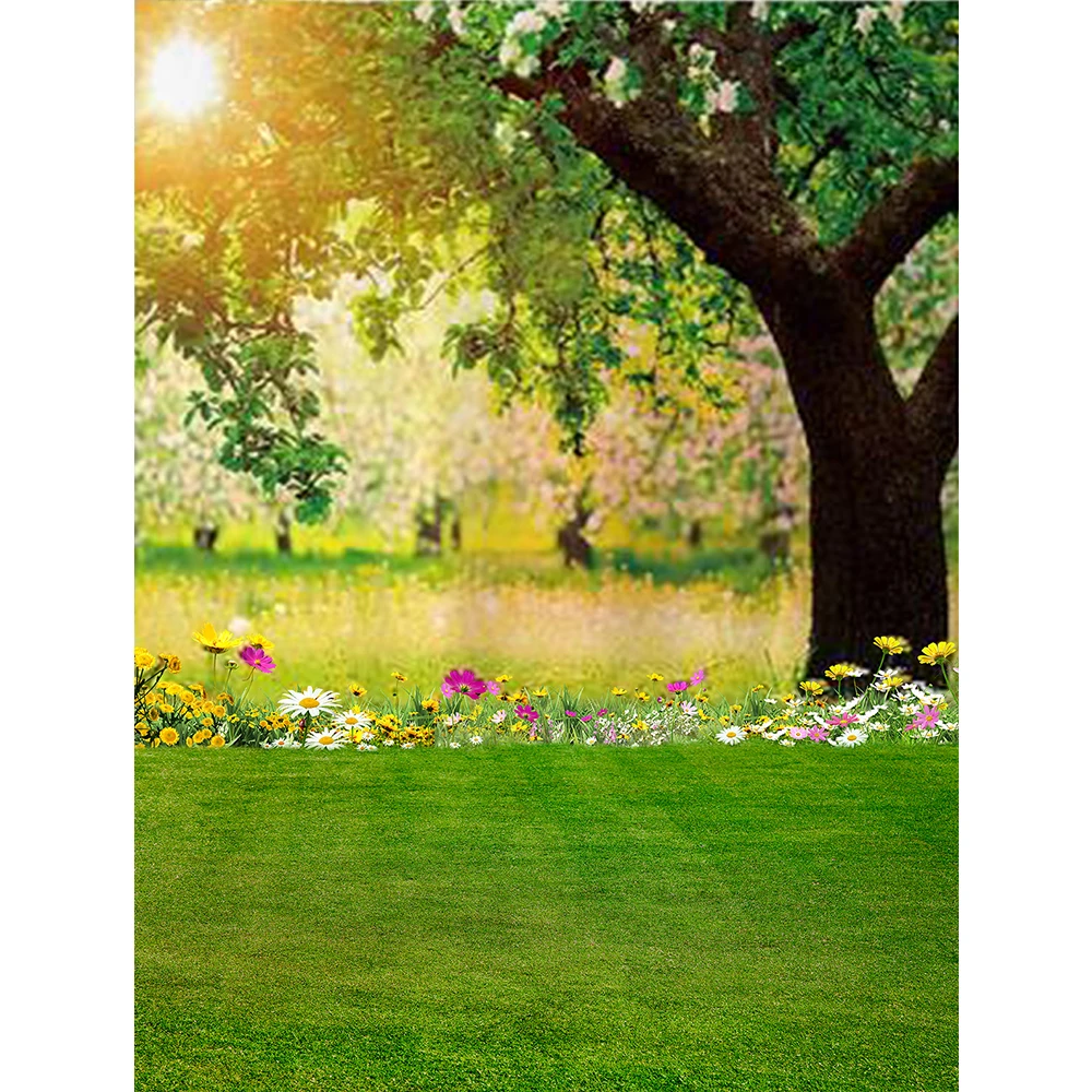 Весенний фон для фотосъемки зеленые деревья солнце природа цветы Новорожденные