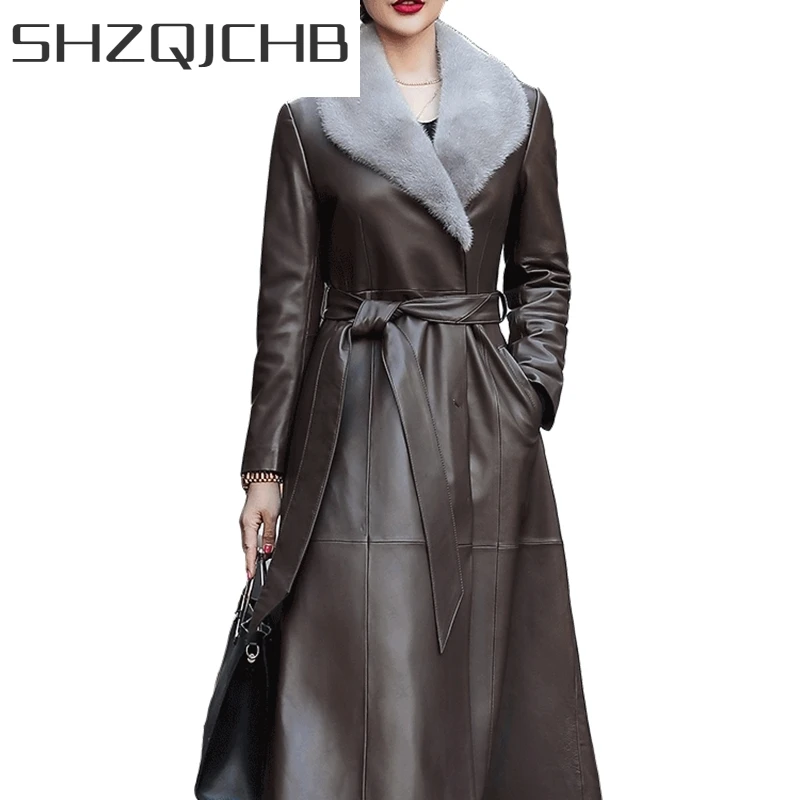

JCHB 2021 Winter Jacket Women Long 100% Sheepskin Coat Real Leather Jackets for Women Mink Fur Collar Duck Down Coats Cuero Gen