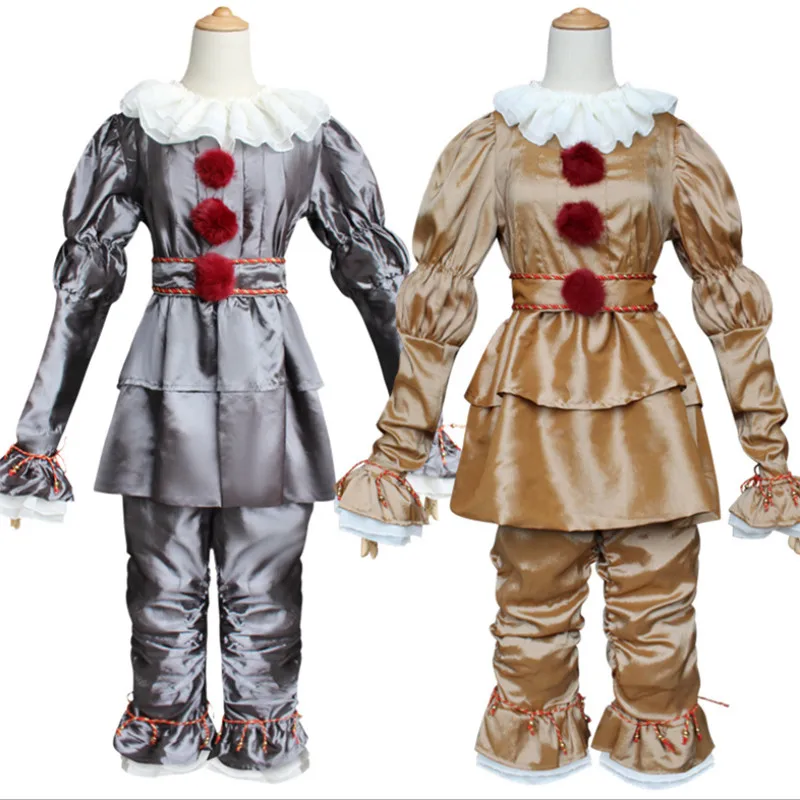 Film Pennywise Halloween Cosplay Costume adulto bambini uomo donna Stephen King's It abito da terrore argento dorato