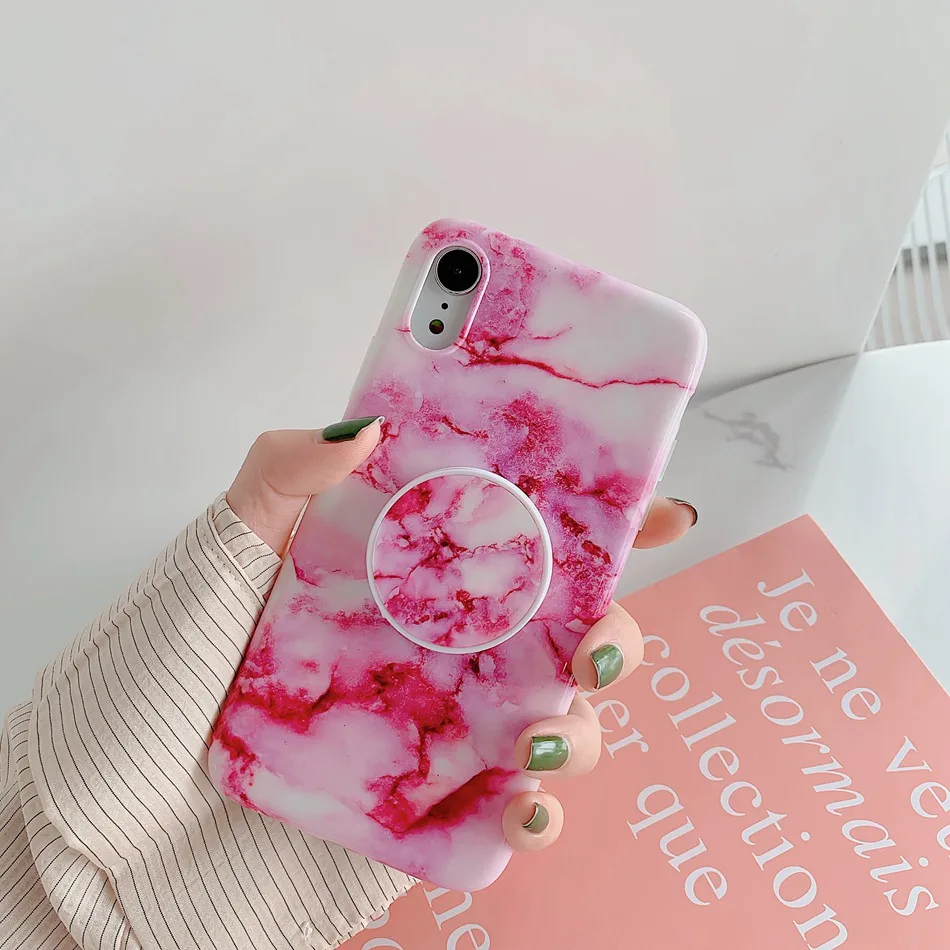 B19 Для iPhone XR X XS Max 7 Plus чехол раковины мраморный цветок Складная подставка держатель чехол для iPhone 8 6 6s Plus Мягкий чехол - Цвет: B19