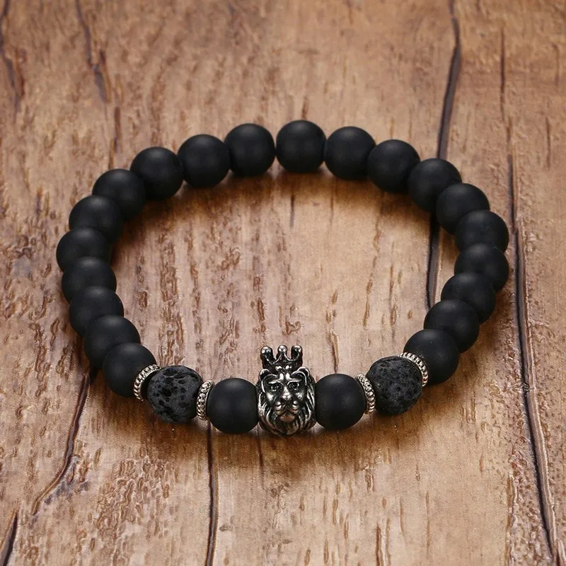 Новые крутые 8 5 мм Черные бусы из лавы шармы браслеты для мужчин винтажные лев