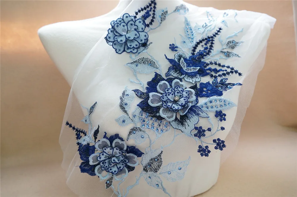 Ярко-голубая ткань 3D Цветочные бусины стразы аппликации вышивка Кружевная