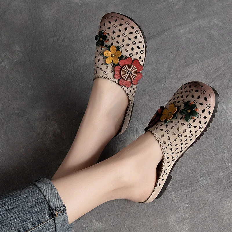 

Женские кожаные тапочки на низком каблуке, летняя обувь с открытым круглым носком, римские тапочки, уличные тапочки ручной работы из натура...