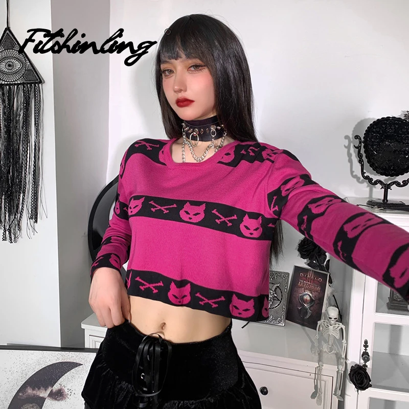 

Fitshinling Goth Sweater Cartoon Winter Cropped Feminino Top Loose Gothic Jersey Mujer Punk Dark Pull Femme Hiver Street Style
