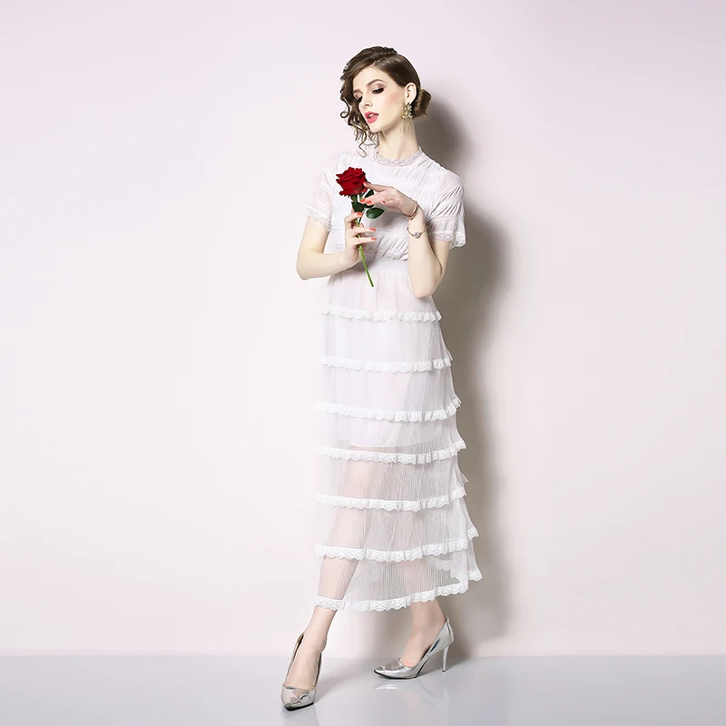 

2020 New Summer Women Short Sleeve Dress High Quality Mesh Lace Patchwork White Pleated Cake Dress Elegant Slim Long Dress