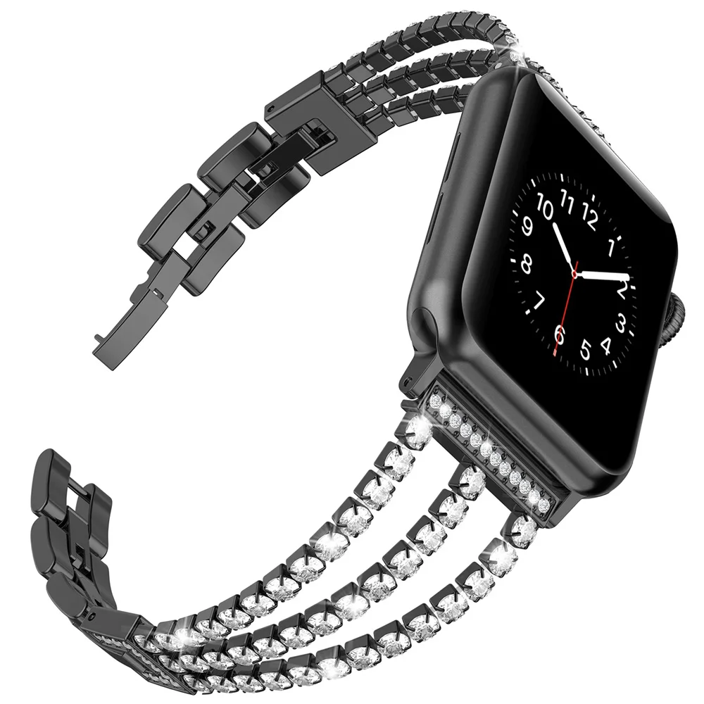 Черный Бриллиантовый ремешок для Apple Watch, ремешок 40 мм, 44 мм, ювелирный браслет из нержавеющей стали для женщин, для iWatch, серия 5, 4, 3, 2, 1, 38 мм, 42 мм - Цвет ремешка: Черный