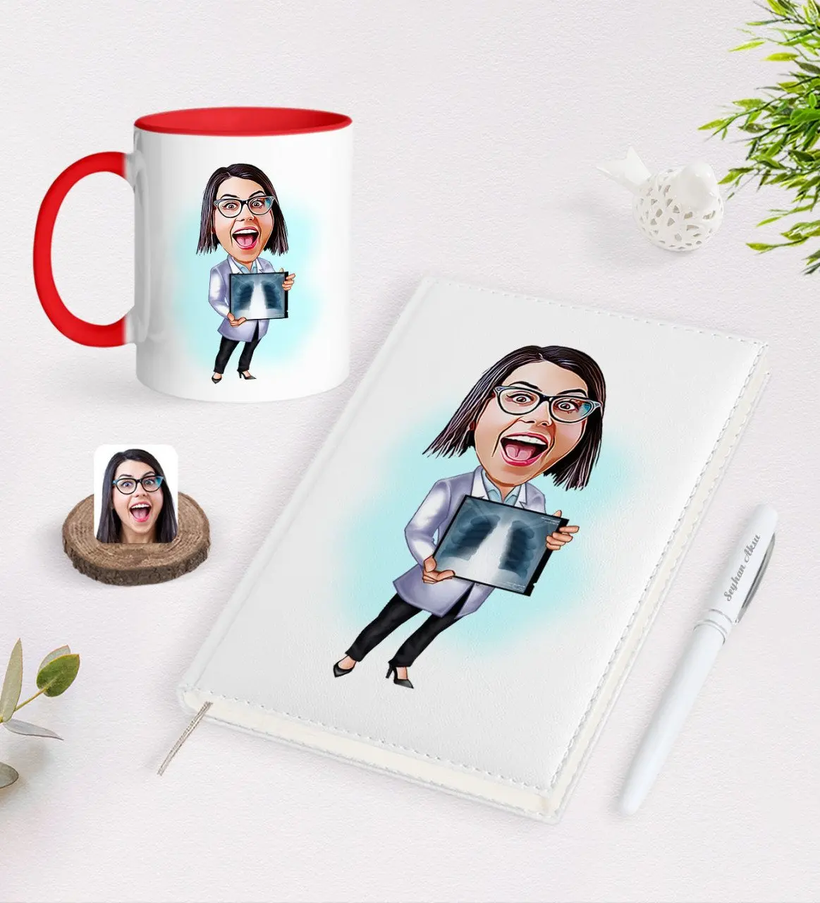 

Персонализированная Женская карикатура Radyolojist 2021 Органайзер ручка и красная кружка Seti-1