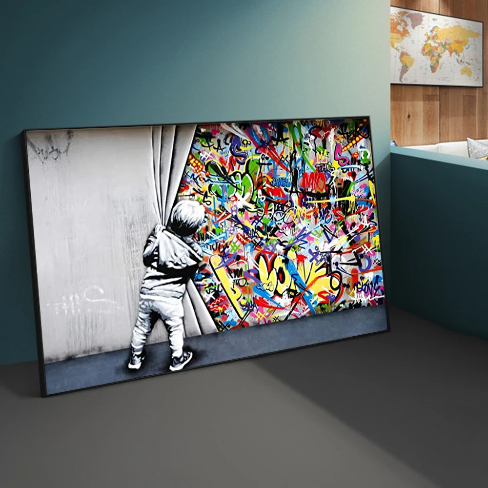 

Street Art Banksy Graffiti Wall Art Behind The Curtain Canvas Paintings Cuadros Wall Art Pictures for Home Decor (No Frame)