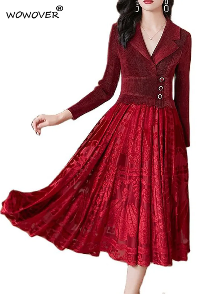

New 2022 Spring Vestidos Women's Full Sleeve Turn Down Collar Patchwork Midi Velvet Dress Celebrity Cocktail Party Robe Femme