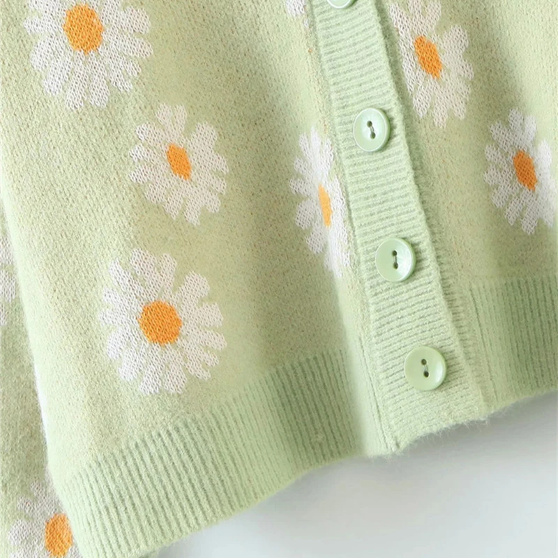 

Women Flower Knit Cardigan Cropped Top Oversized Green Button Down Sweater V-Neck Long Sleeve Spring Sweet Outwear Y2K Fall 2021