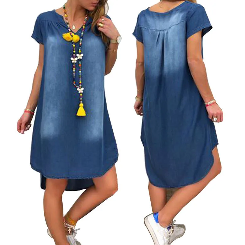 

2020 Women Dress V-Neck Pullover Short Sleeve Denim Dress Plus Size Casual Dress