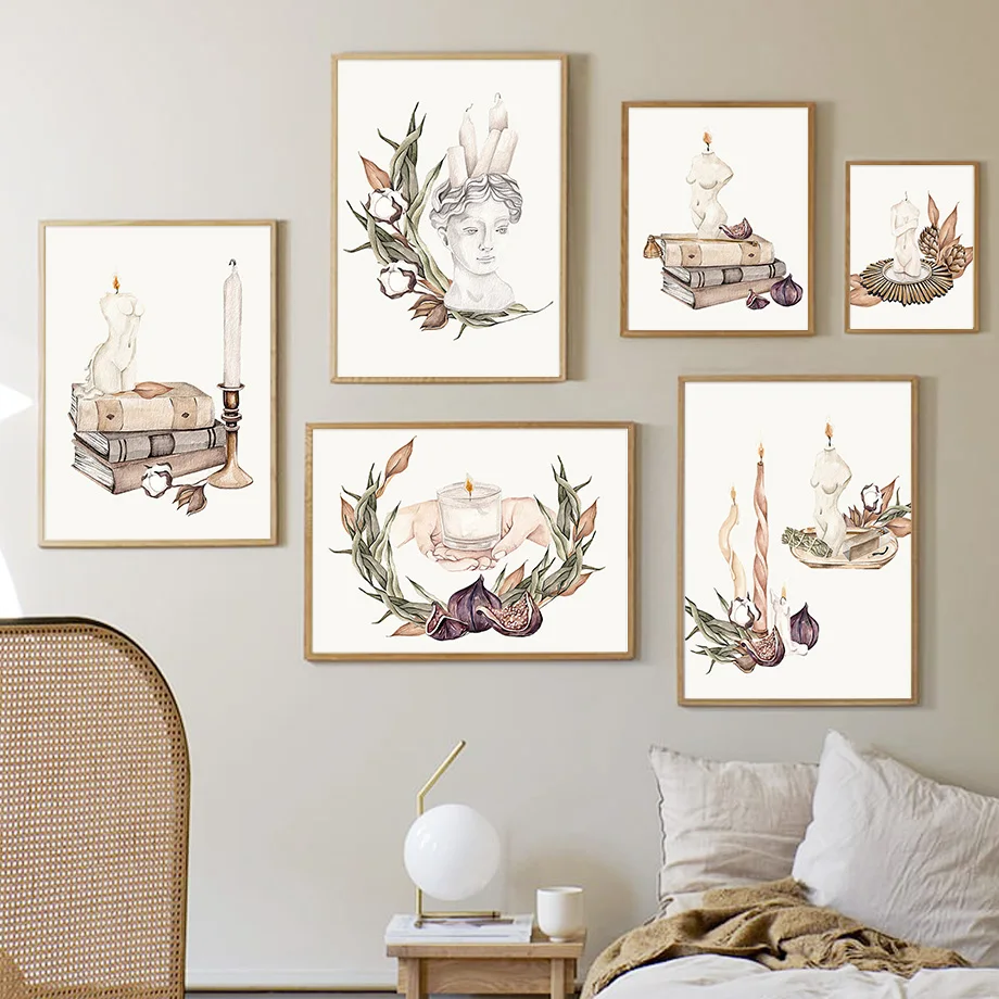 

Watercolor Vintage Venus Bust Candle Book Wall Art Canvas Painting Nordic Posters And Prints Wall Pictures For Living Room Decor