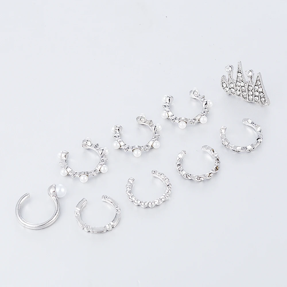 

9PCS/Set Fashion Pearl Boho Ear Cuff Stud Crystal Ear Earrings Women Girl Clip On Earring Set Jewelry