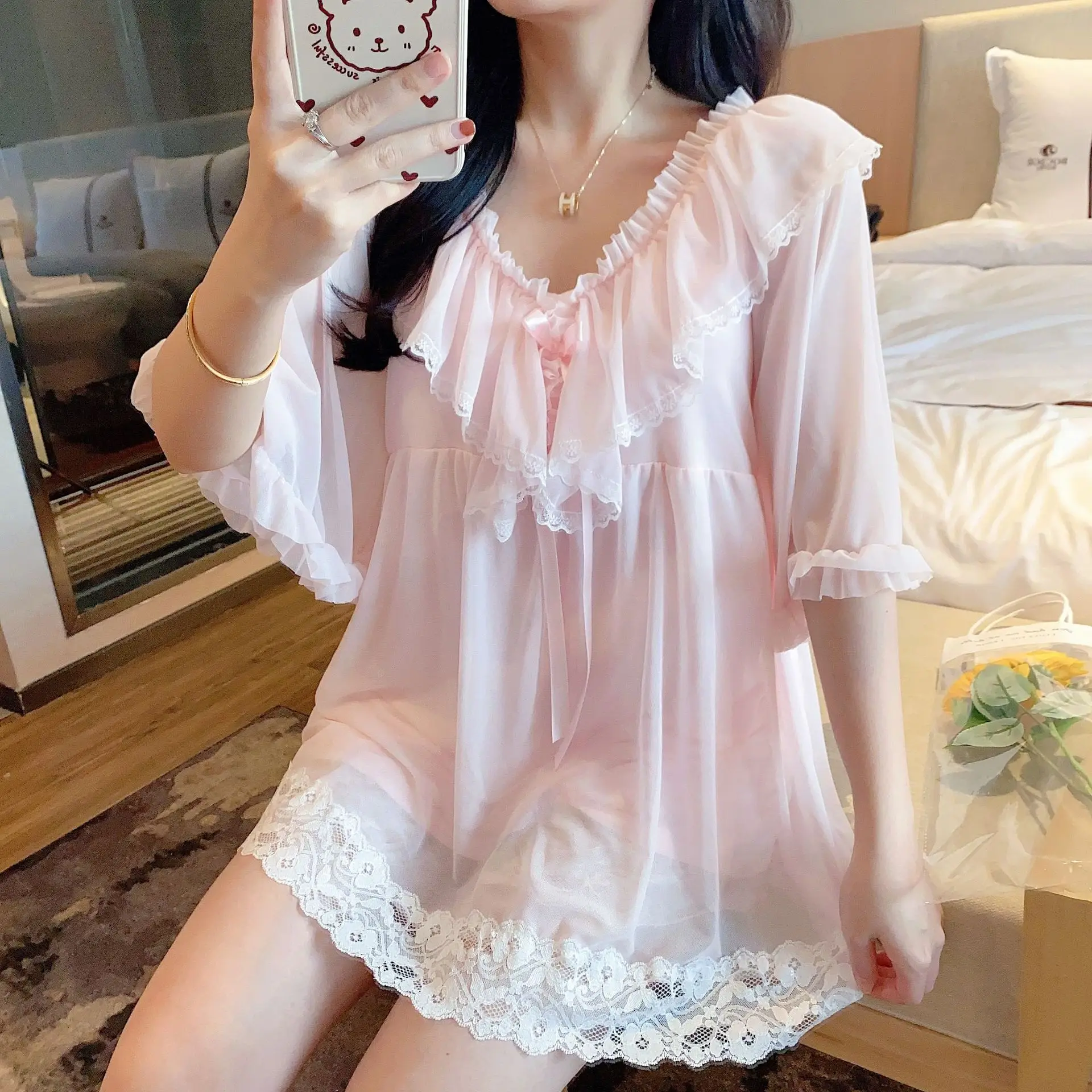 Women's Pajamas Set Summer Ice Ribbon Bra Lovely Pure Cotton Nightwear Princess Style Palace 2Pcs Suit Home Wear Sexy Sleepwear