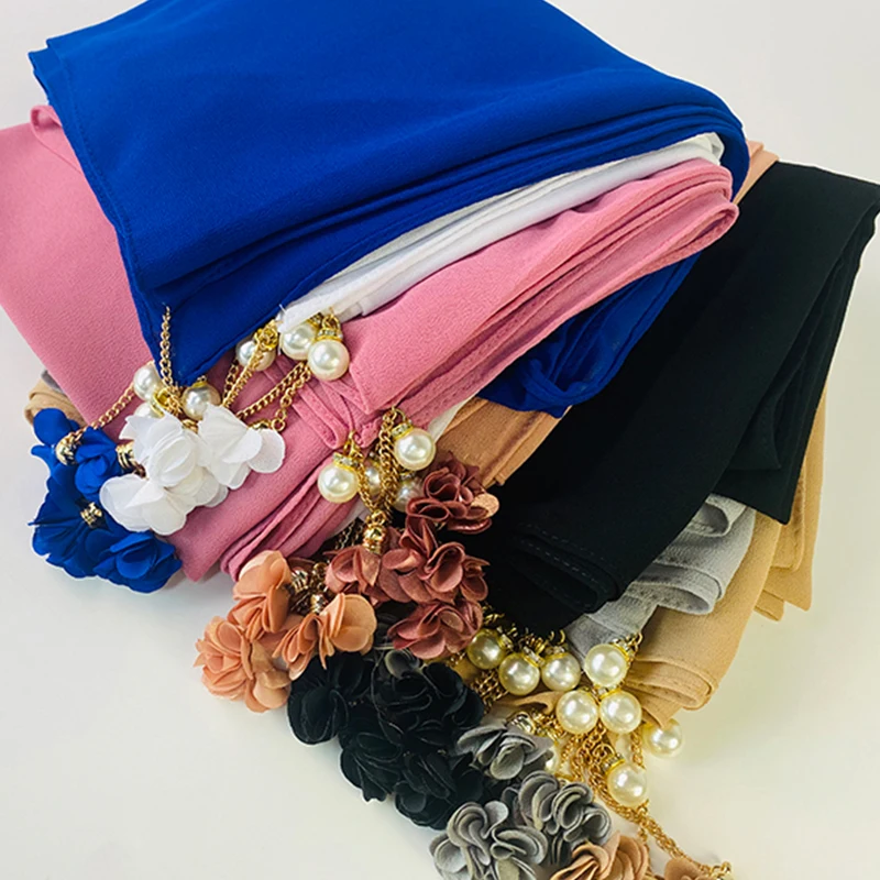 10pcs/lot Women Solid Chiffon Hijab Scarf Wrap With Flower Pendant Islamic Shawls Headband Muslim Hijabs Wrap Headscarf Scarves