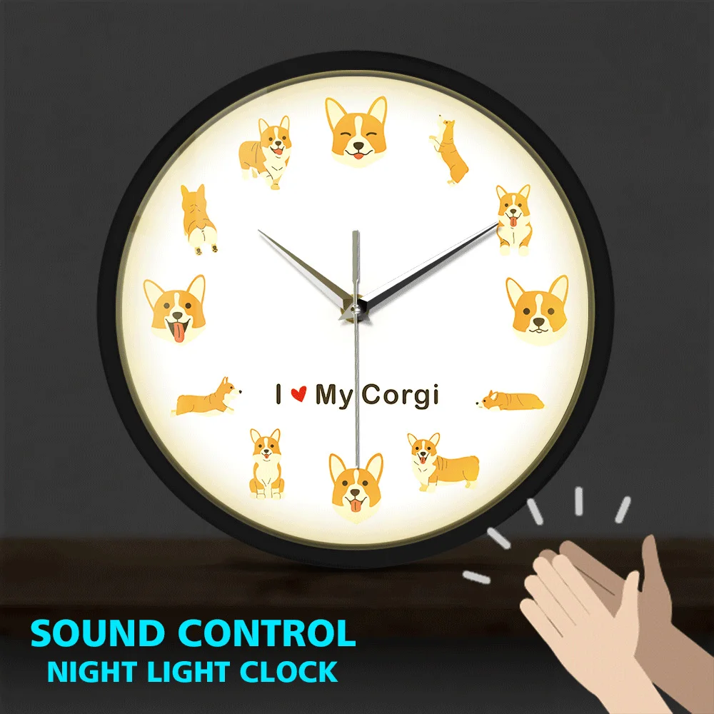 

I Love My Welsh Corgi Dog Breed Cartoon Puppy Metal Frame LED Wall Clock Sound Control Doggie Pet Watch Corgi Lovers Home Decor