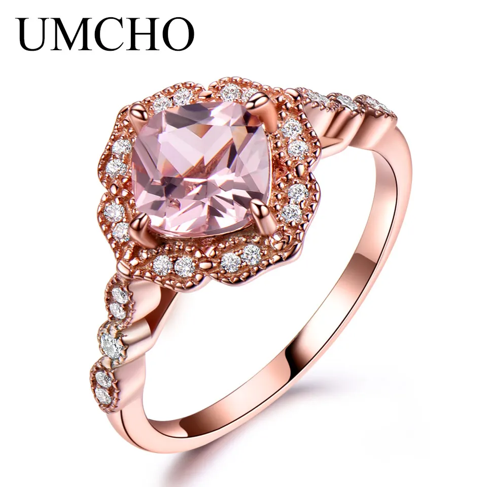 Morganite-Rose Gold UMCHO создан нано морганит кольца 925 пробы Серебряный цветок кольца для женщин обручение юбилей свадебный подарок хорошее ювелирное изделие - Цвет камня: Morganite-Rose Gold