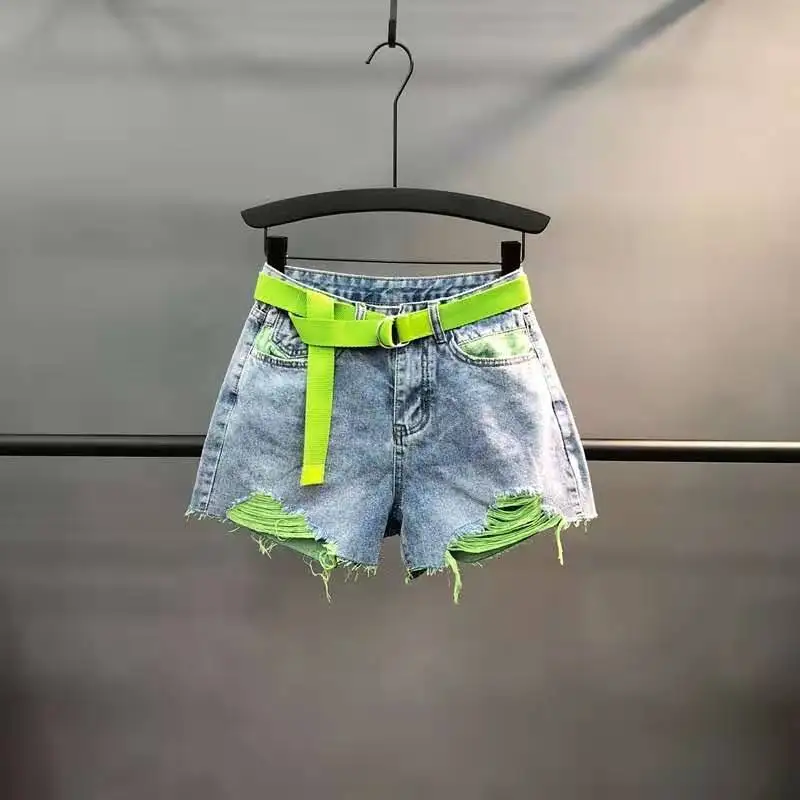 Шорты женские рваные из денима контрастных цветов модные повседневные Модные