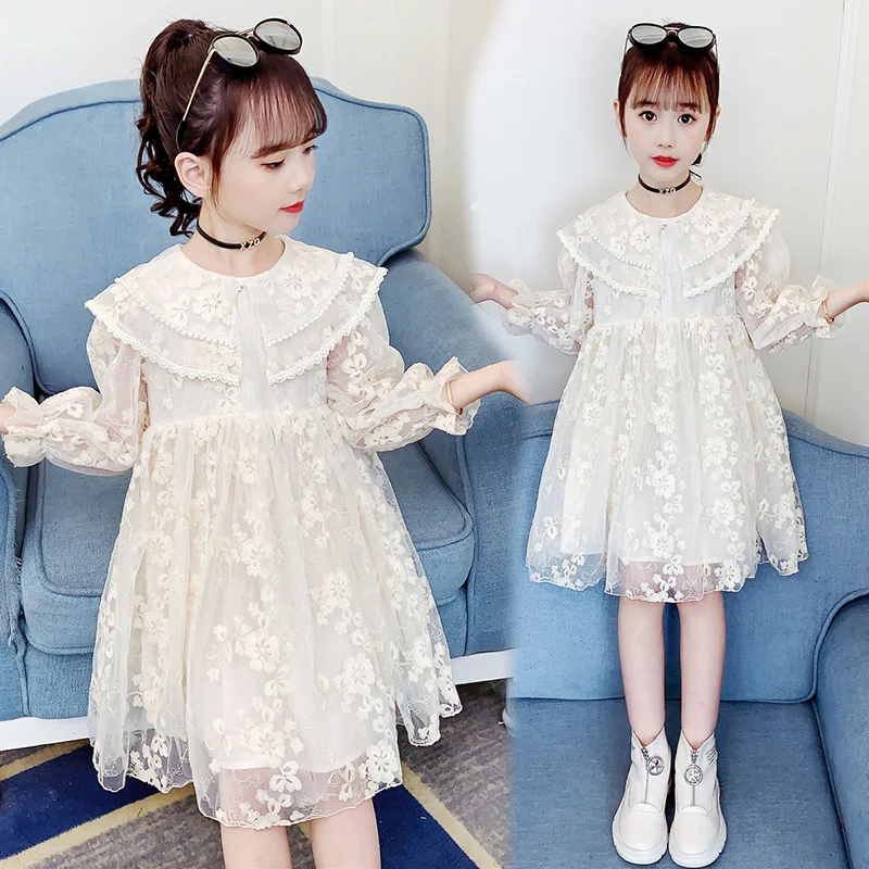 

Кружевное платье для девочек, с цветочной вышивкой и длинным рукавом