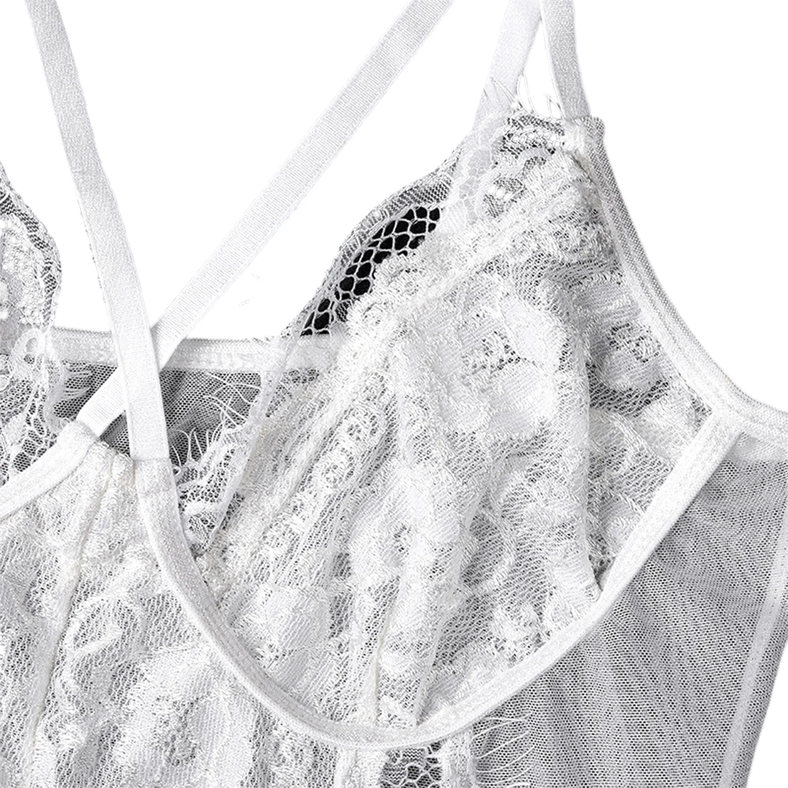 

Women Lace Nightwear, Floral Romper, Rough Hem See-Through Hollow Sling High Waist Jumpsuit