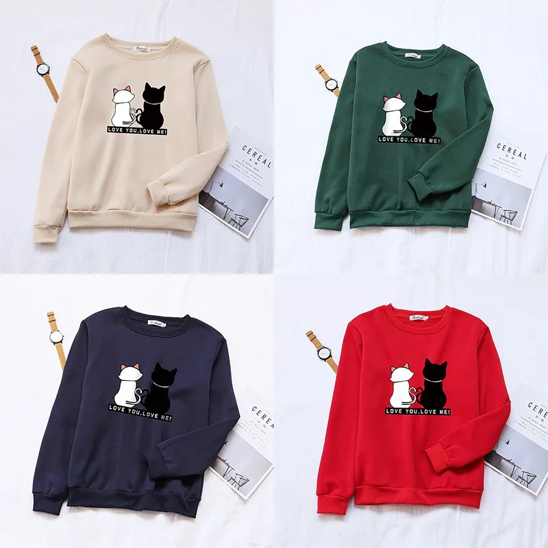 

Unisex Black White Couple Cat Jumper Women Men Casual Long Sleeve O-Neck Cat Printed Sweatshirt Autumn Winter New Pullover