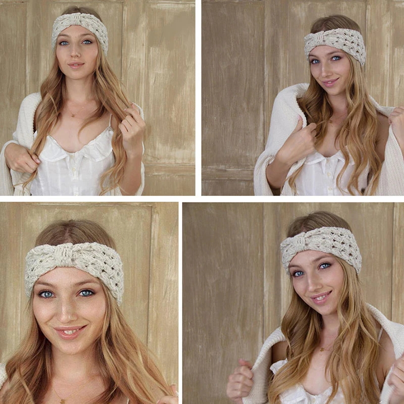 Женская вязаная шерстяная повязка на голову теплая крючком с большим бантом