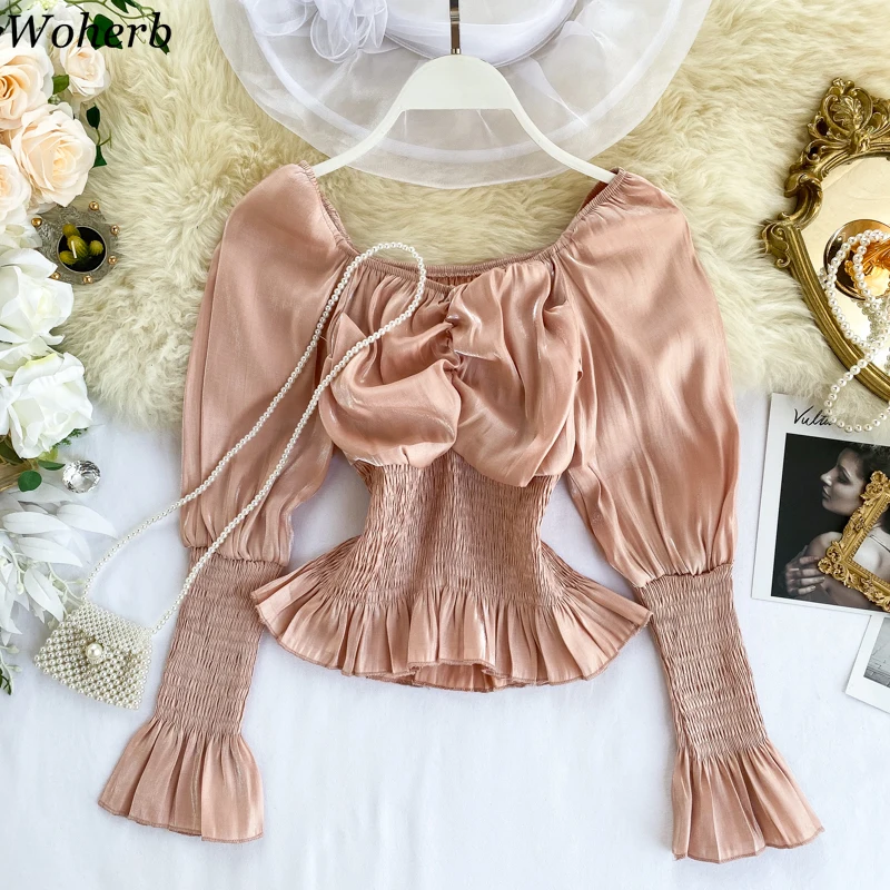 Woherb винтажные модные одноцветные с вырезом лодочкой Длинные рубашки буфами на