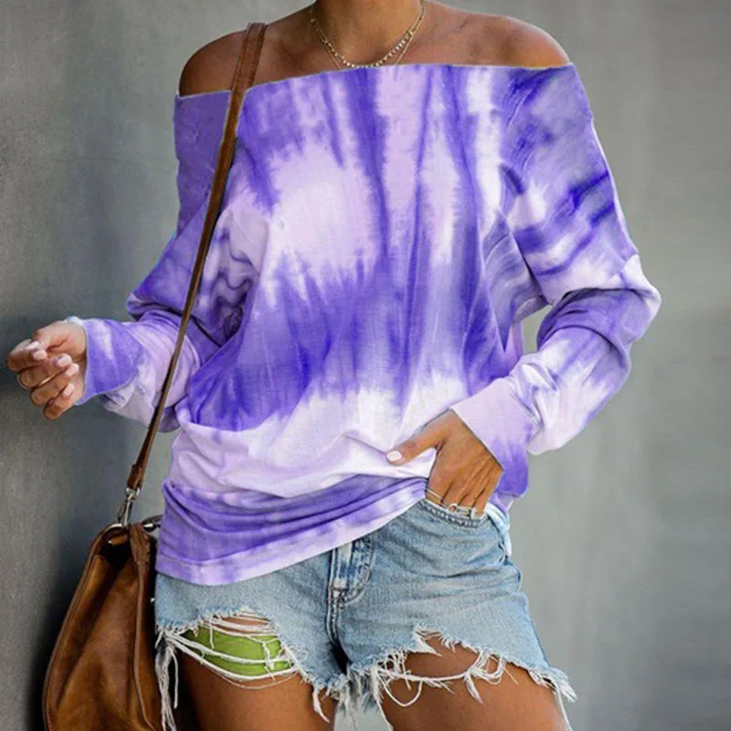 

2021 Fashion T-shirts Autumn Sexy Off Shoulder T-shirts Tie Dye Printed Ladies Tees Aesthetic Hip Hop Clothes Tops