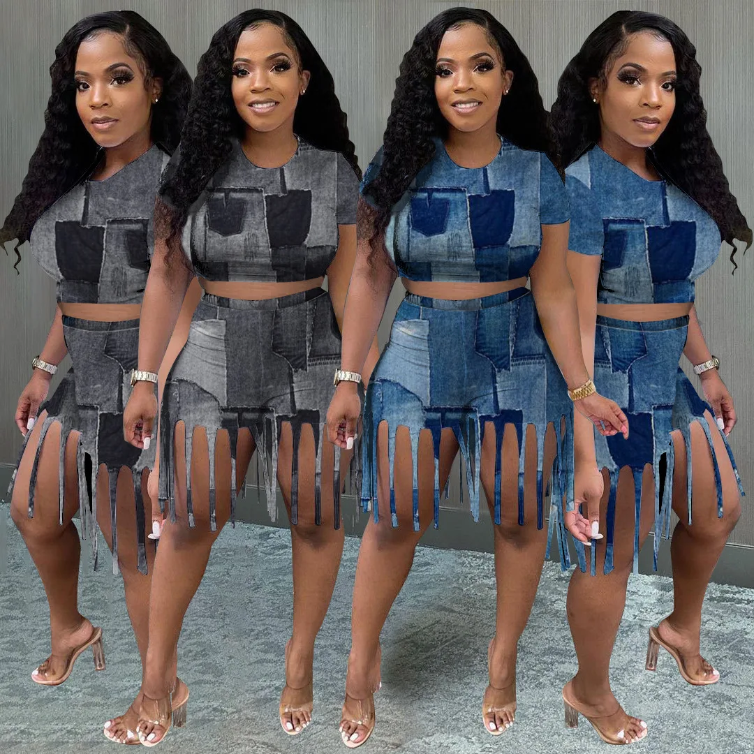 

Echoine Denim Print Patchwork Short Sleeve Tshirt Crop Top Tassel Fringe Shorts Sexy Casual Tracksuit Women Clothing Outfits
