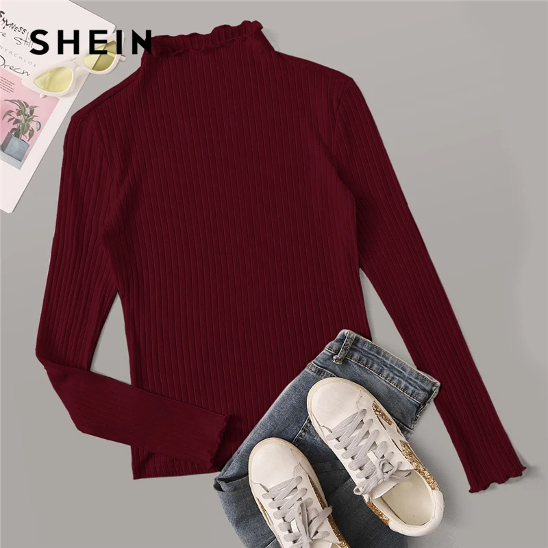 SHEIN, стоячий воротник, Однотонная футболка с отделкой салата, ребристая трикотажная футболка, женские футболки, осень, длинный рукав, элегантная Офисная Женская футболка