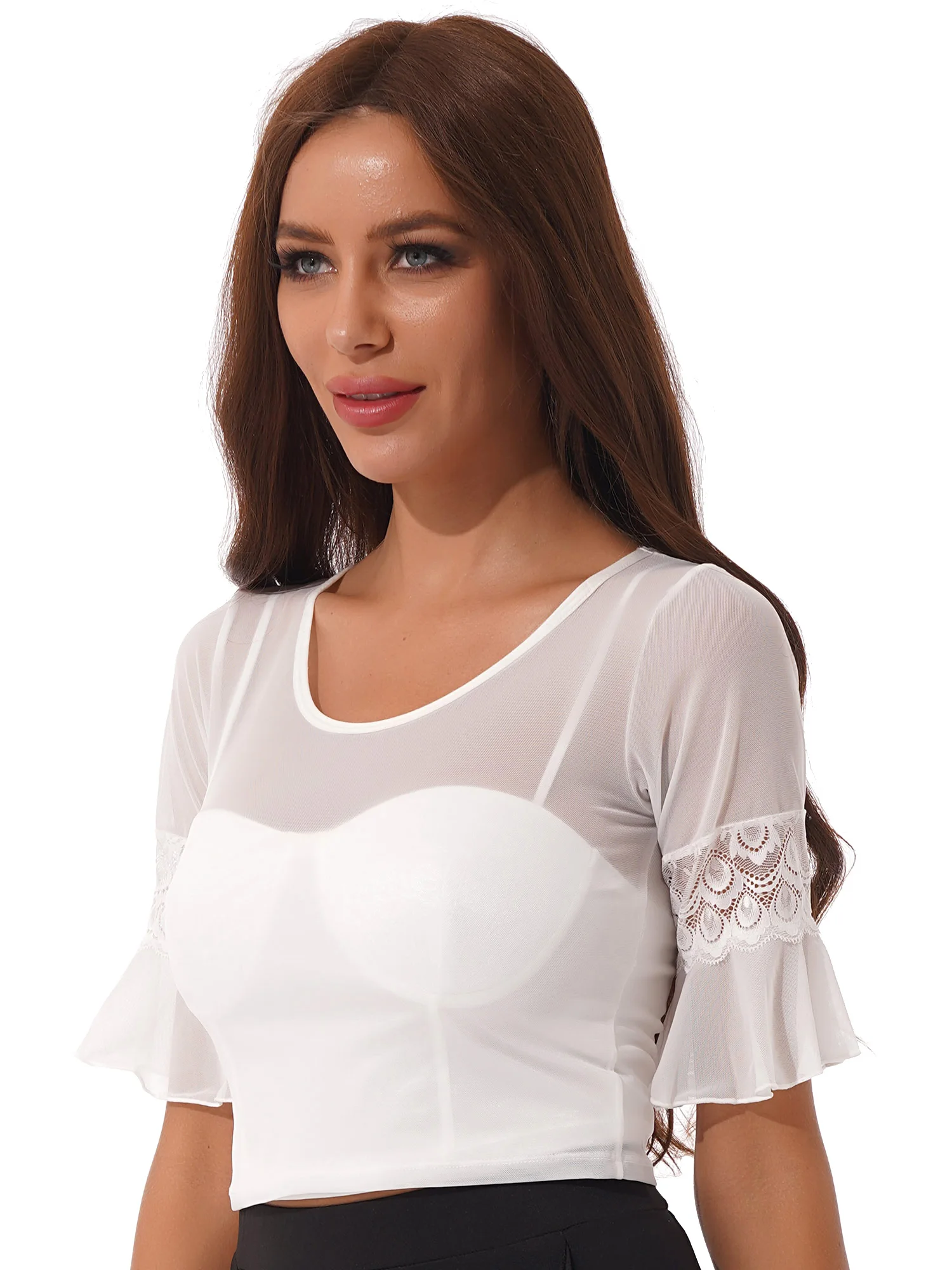 Женский прозрачный сетчатый кроп-топ с расклешенными рукавами повседневная