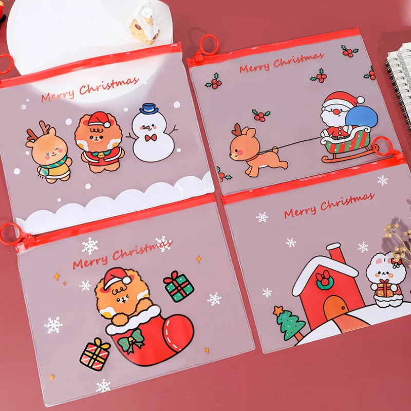 20 pcs Cartoon Christmas Ring Pencil Case Student Girl Heart Zipper Bag Multifunctional Transparent Stationery File Folder