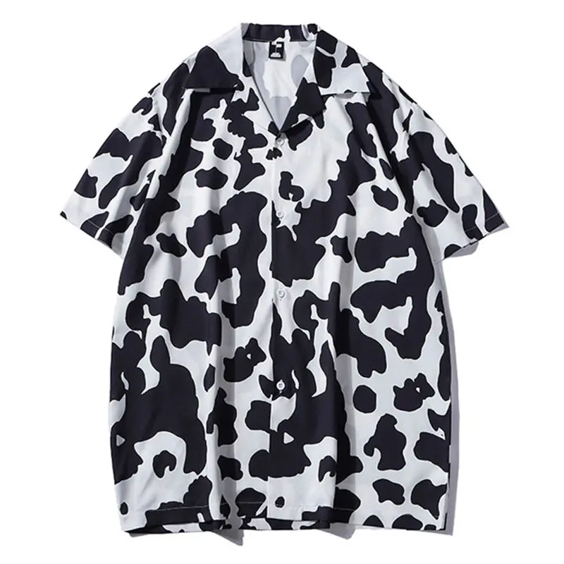 2023 Summer New Mens Hawaiian Beach Cow Spotted Flower Shirts Man Short Sleeve Korean Style Vintage Handsome Shirt Camisa Hombre