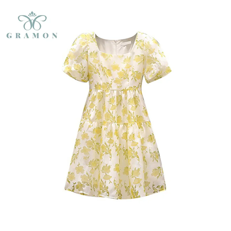 

Женское платье с квадратным вырезом, летнее милое платье-мини в богемном стиле с цветочным рисунком и пышными рукавами, новинка 2021, размера ...