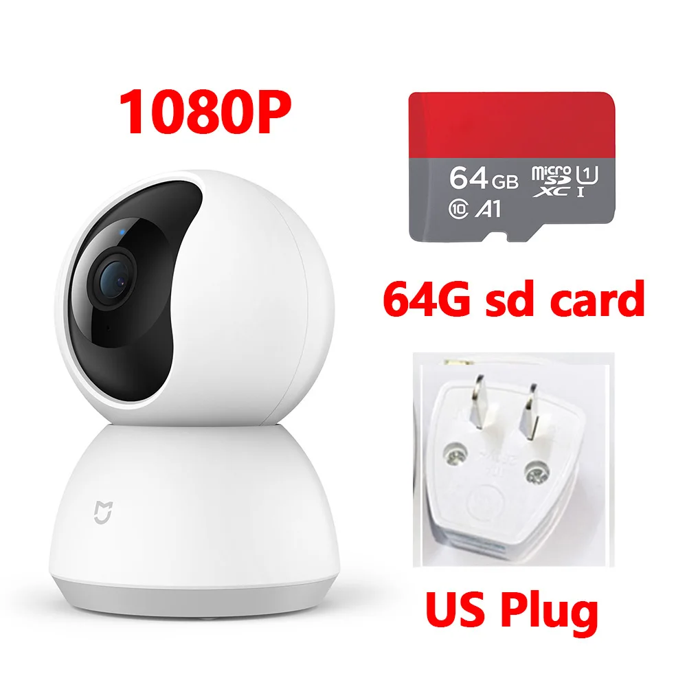 64G Card-USPlug Смарт-Камера Xiaomi Mijia, умная веб-камера 1080 P, Wi-Fi, панорамирование, ночное видение, 360 угол обзора, видеокамера, детский монитор, домашняя камера безопасности - Цветной: 64G Card-USPlug