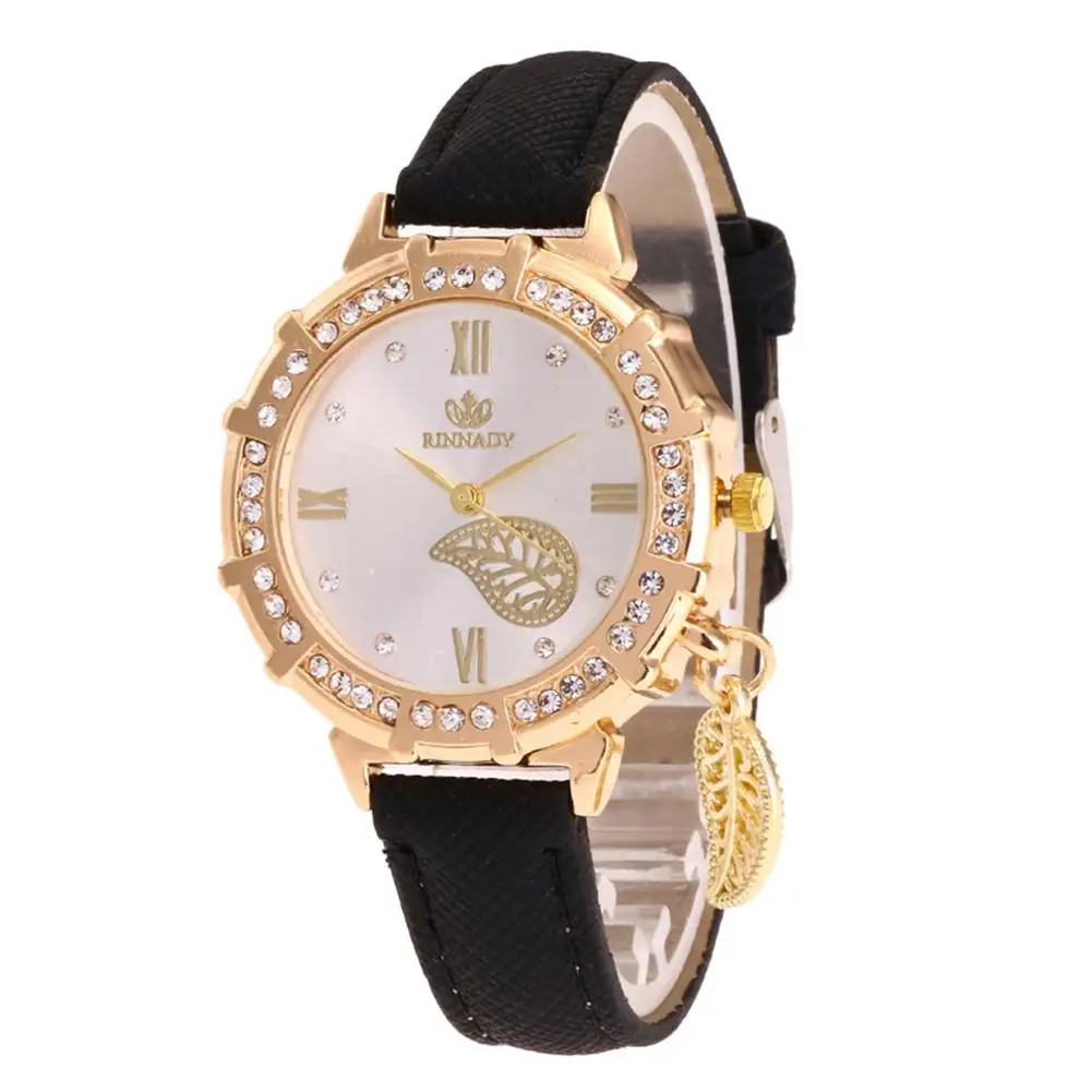 

Модные Простые Женские часы Стразы с римскими цифрами инкрустированные круглыми листьями очаровательные женские часы из искусственной ко...