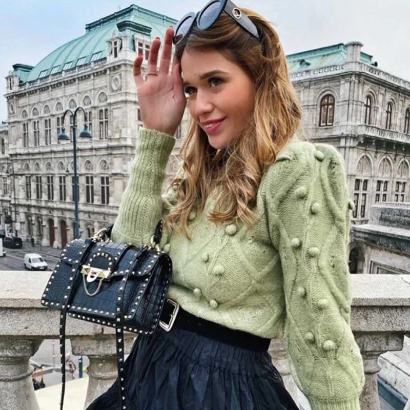 

Vintage women elegant green sweaters 2020 fashion ladies knitted short pullovers casual female cute white sweater girls chic