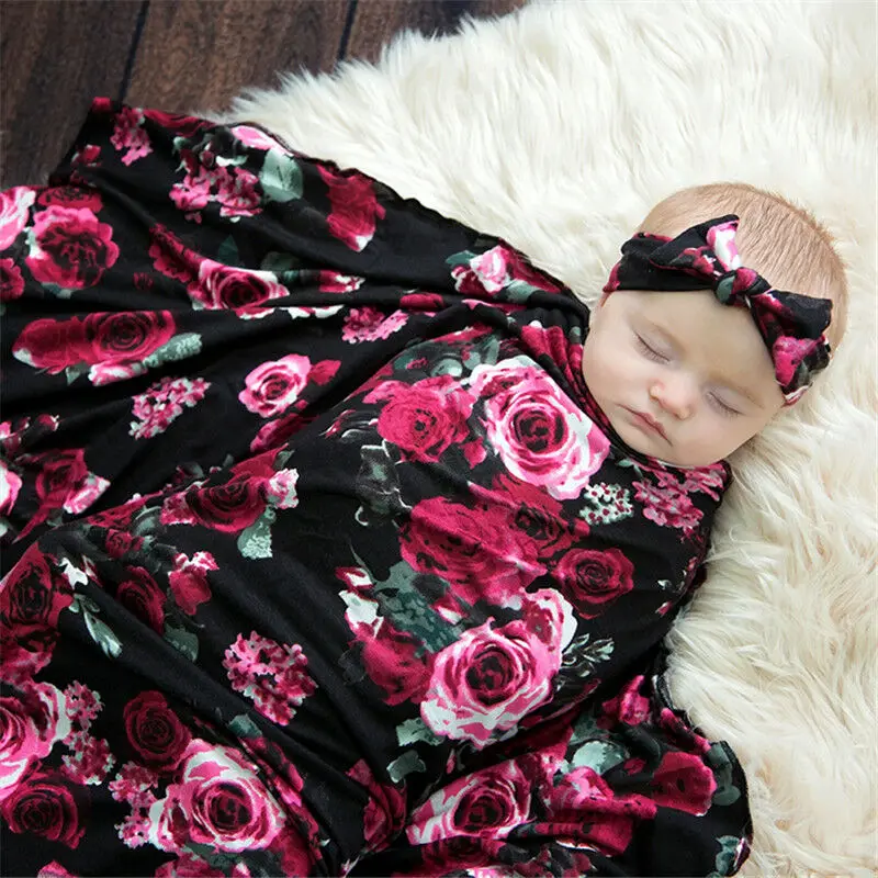 

Newborn Kids Baby Swaddle Blanket Floral Plaid Boys Girls Stretch Wrap Bath Towel Towel Sleep Swaddle Muslin Wrap+Headband/Hat
