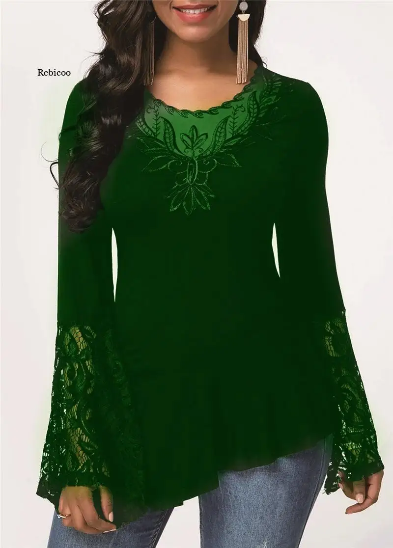 

Womens Fashion Lace Blouses Flare Sleeve Shirts Tops Shirt Plus Size Women Clothes Irregular Blusas Female