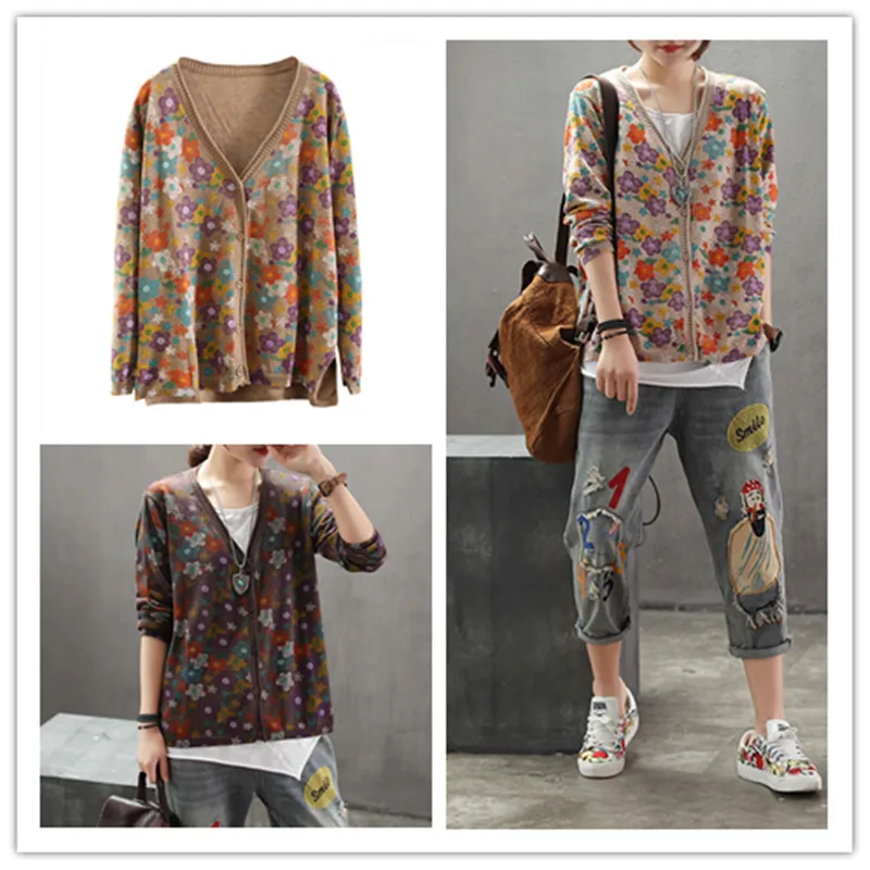 

Retro Women's Sweater 2021 New Spring Autumn Casual Fashion Floral Female Cardigan Oversized Knit Sweaters Indie Women Cardigans