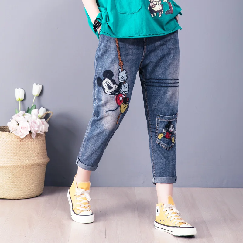 Disney Женская мода мультфильм свободные джинсы с эластичной резинкой на талии
