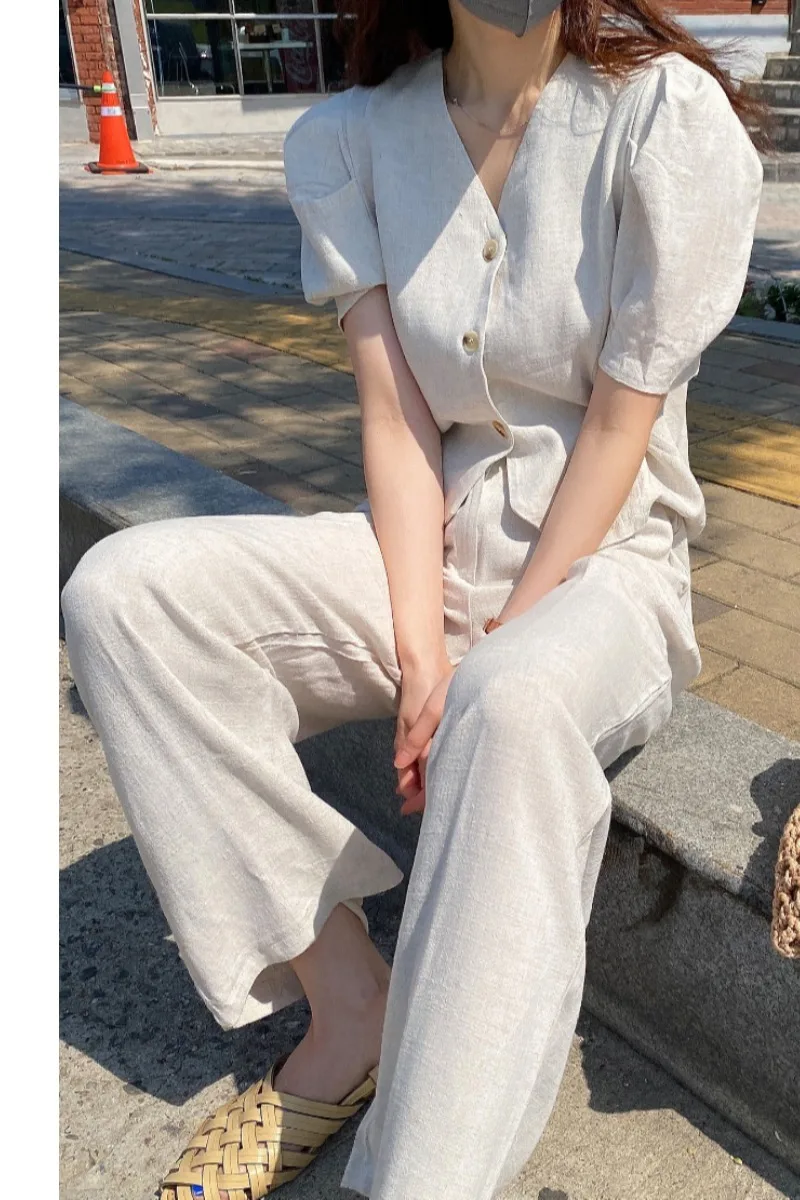 

SE019 Vintage Puff Sleeve Shirt Cardigan And Temperamental Zipper Wide Leg Pants Cotton And Linen Two Pieces Set