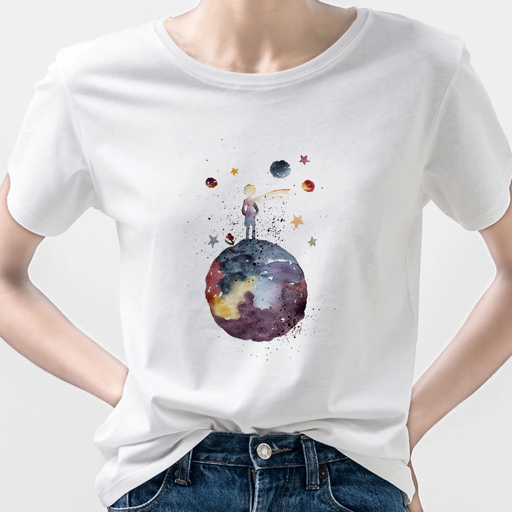

Earth Space Little Prince Cartoon Summer Top T-shirt Femme Fashion European Casual Park Tee Shirt Basic Oversized Harajuku 2021
